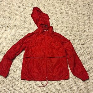 Men’s red zippered Eddie Bauer wind breaker jacket with hood size Large EUC